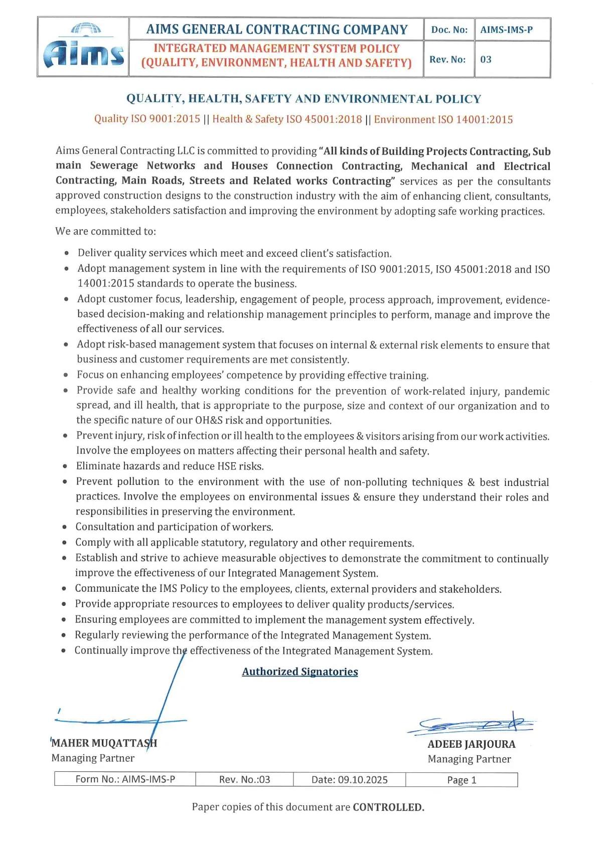 AIMS Integrated Management System policy covering quality (ISO 9001:2015), health and safety (ISO 45001:2018) and environment (ISO 14001:2015), signed by the Managing Partners
